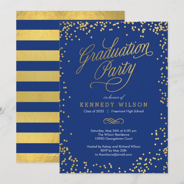 Shiny Confetti Graduation Party Invitation Blue (Front/Back)