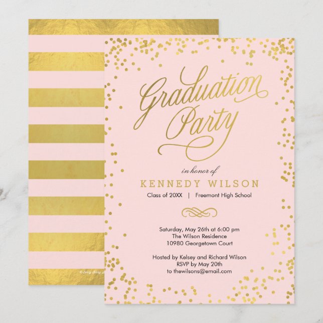 Shiny Confetti Graduation Party Invitation Pink (Front/Back)