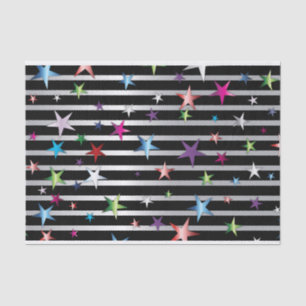 Shiny Confetti Stars On Black and Silver Stripes  Tissue Paper