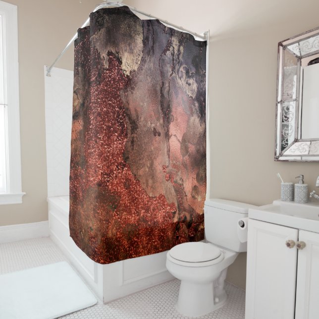 Shiny Copper Gold Glitter Ink Emerald Marble Shower Curtain (In Situ)
