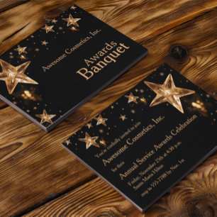 Shiny Crystal Gold Stars on Black Business Party  Invitation