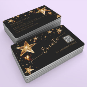 Shiny Crystal Gold Stars on Black Event Planning Business Card