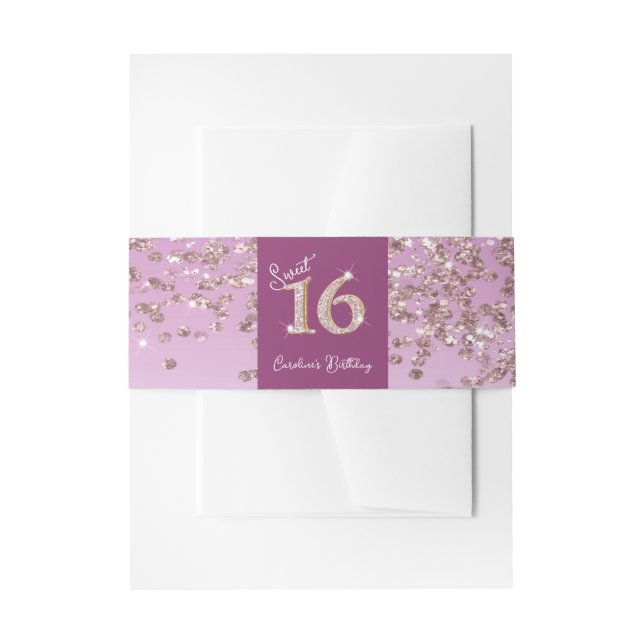 Shiny Falling Rose Gold Glitter Sweet 16 Invitation Belly Band (Front Example)