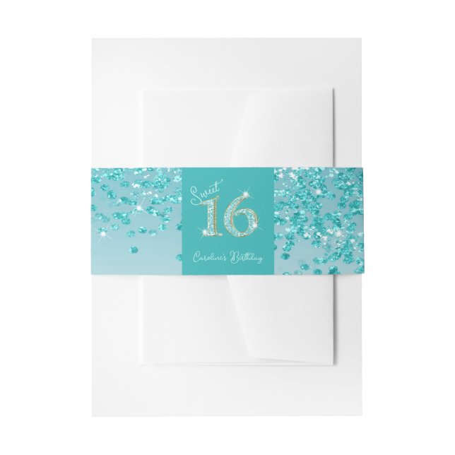 Shiny Falling Teal Blue Glitter Sweet 16 Invitation Belly Band (Front Example)