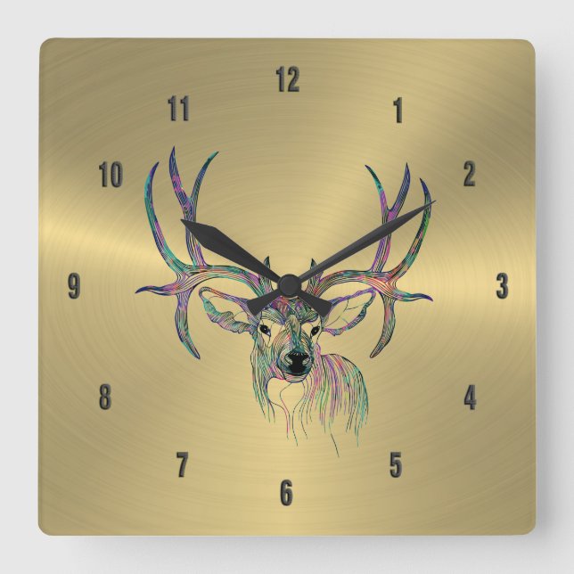 Shiny  Faux Gold& Colourful Deer Illustration Square Wall Clock (Front)