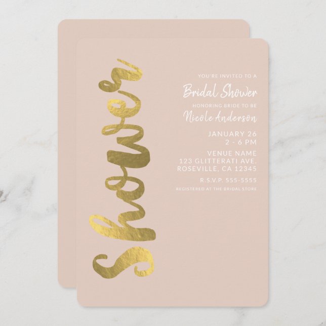 Shiny Faux Gold Foil Beige Glam Bridal Shower Invitation (Front/Back)
