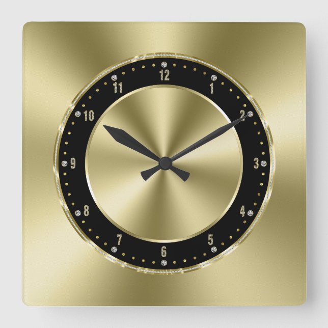 Shiny Faux Gold Tones Stainless Steel Square Wall Clock (Front)