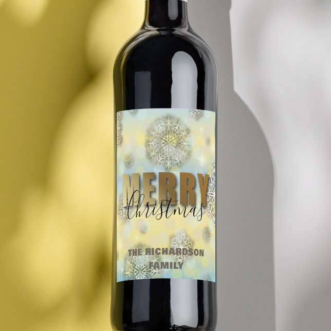 Shiny Filigree Snowflakes Gold Merry Christmas Wine Label (Creator Uploaded)