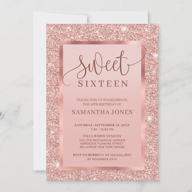 Shiny glamour rose gold glitter sweet sixteen invitation (Front)
