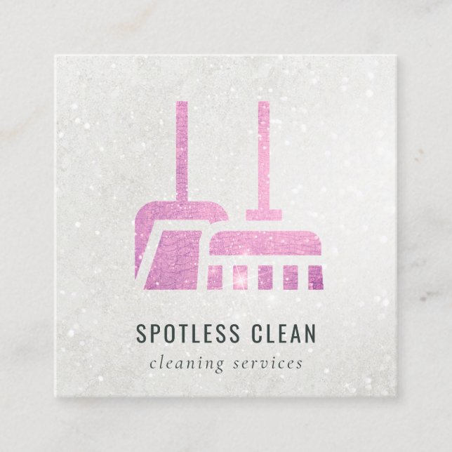 Shiny Glitter Pink Broom Cleaner Cleaning Service Square Business Card (Front)