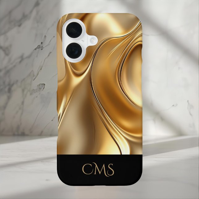 Shiny Gold Abstract Sleek Black Monogrammed iPhone 16 Case (Creator Uploaded)