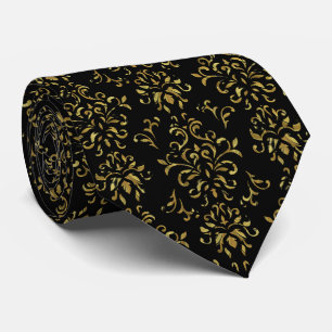 Shiny Gold And Black Vintage Swirls Pattern Tie