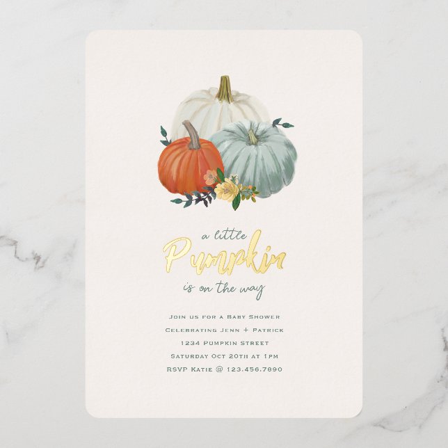 Shiny Gold and Dusty Blue Pumpkin Baby Shower Foil (Front)