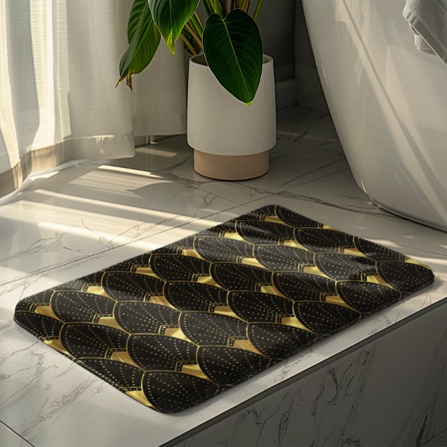 Shiny Gold Art Deco Pattern On Black Background Bath Mat (Creator Uploaded)