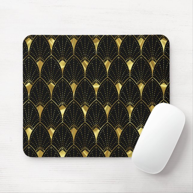 Shiny Gold Art Deco Pattern On Black Background Mouse Mat (With Mouse)