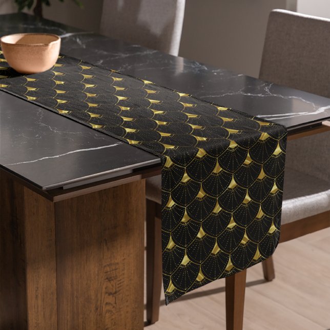 Shiny Gold Art Deco Pattern On Black Background Short Table Runner (Creator Uploaded)