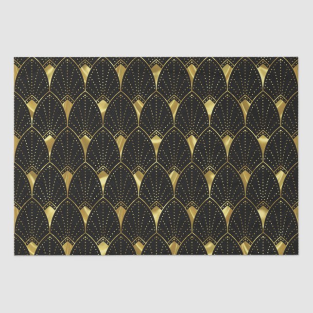 Shiny Gold Art Deco Pattern On Black Tissue Paper (Front)