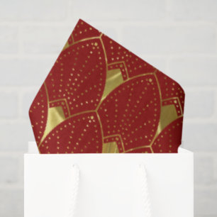 Shiny Gold Art Deco Pattern on Dark Red Background Tissue Paper