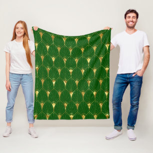 Shiny Gold Art Deco Pattern On Green Background Fleece Blanket