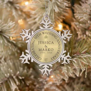 Shiny gold background gold wedding Anniversary Snowflake Pewter Christmas Ornament