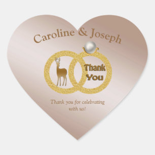Shiny Gold Deer in a Wedding Pearl Ring Thank You Heart Sticker