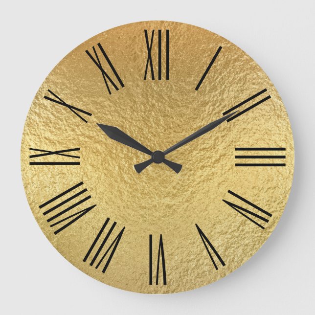 Shiny Gold Faux Foil Black Roman Numerals Large Clock (Front)