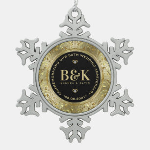 Shiny Gold Floral Frame 5oth Wedding Anniversary Snowflake Pewter Christmas Ornament