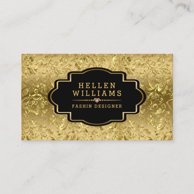 Shiny gold foil  damask pattern business card (Front)