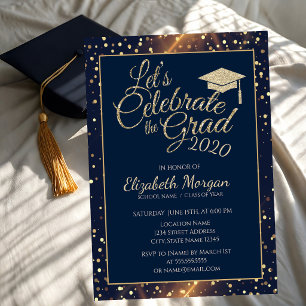 Shiny Gold Glitter Graduation Cap, Dots,Navy Blue Invitation