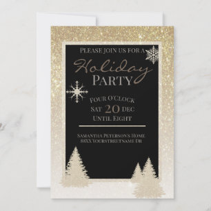 Shiny Gold Glitter Snowflakes and Pine Trees Invitation