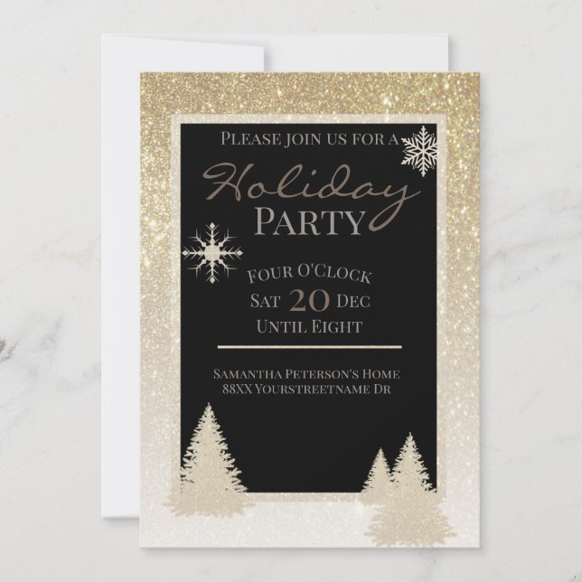 Shiny Gold Glitter Snowflakes and Pine Trees Invitation (Front)