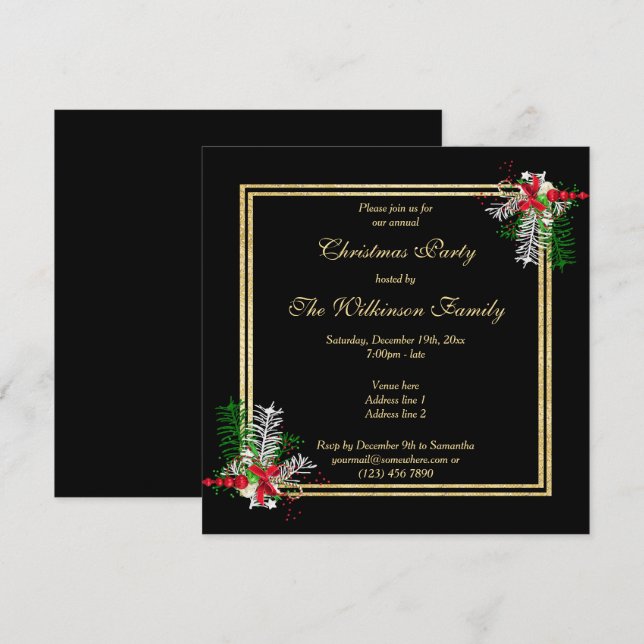 Shiny Gold Glitters & Corner Decorations Christmas Invitation (Front/Back)