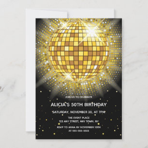 Shiny Gold Halftone Disco Ball Black Birthday Invitation
