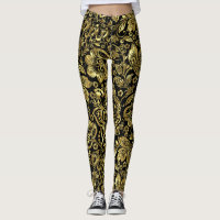 Shiny Gold On Black Floral Damasks Pattern