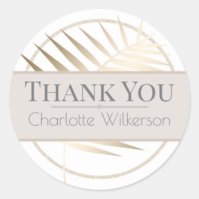Shiny Gold Palm Leaf on White with Glitter Classic Round Sticker (Front)