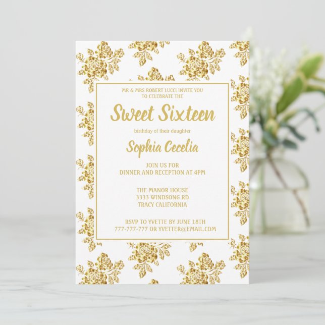 Shiny Gold Rose Sweet 16 Invitation (Standing Front)