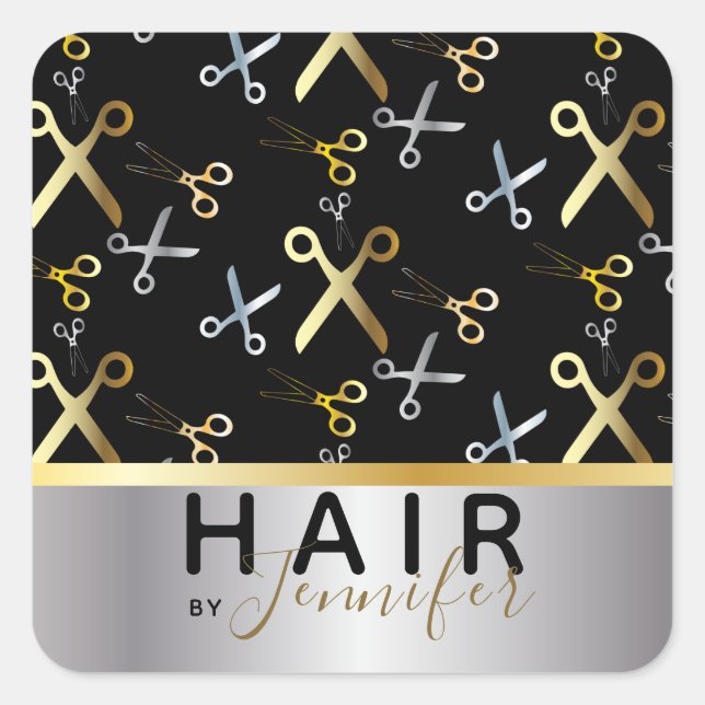 Shiny Gold & Silver Scissors Pattern Hairstylist  Square Sticker (Front)