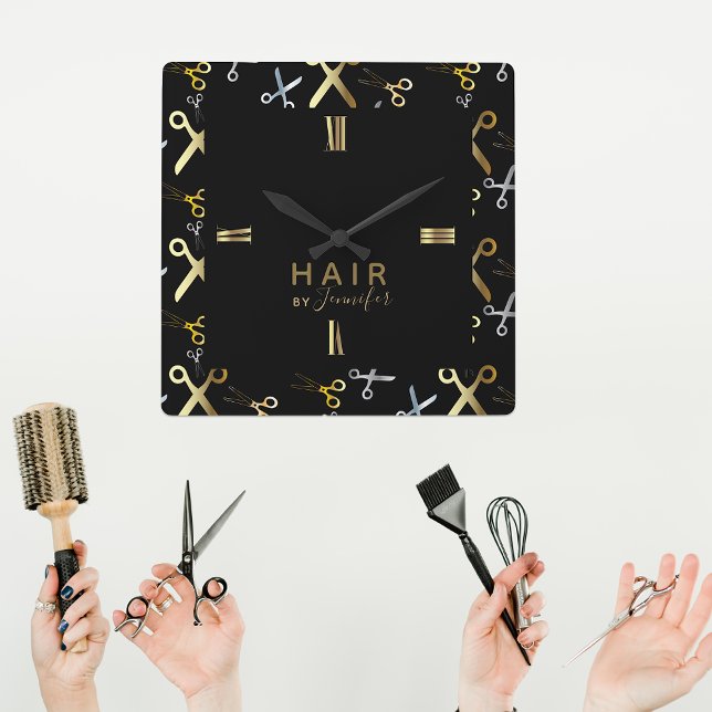 Shiny Gold & Silver Scissors Pattern Hairstylist  Square Wall Clock (Creator Uploaded)