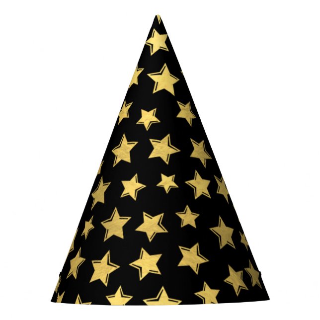 Shiny Gold Stars on Black Party Hat (Front)