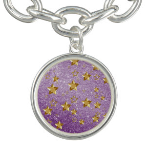 Shiny Gold Stars Purple FauxGlitter Charm Bracelet
