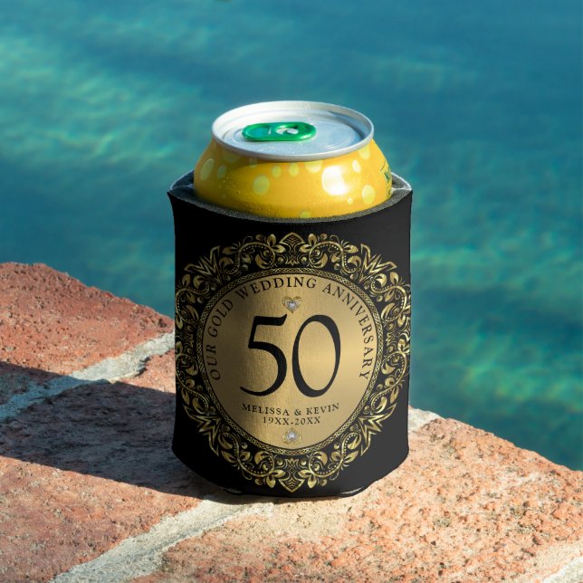 Shiny Gold Swirls Circle Frame 50th wedding Can Cooler (In Situ Pool)