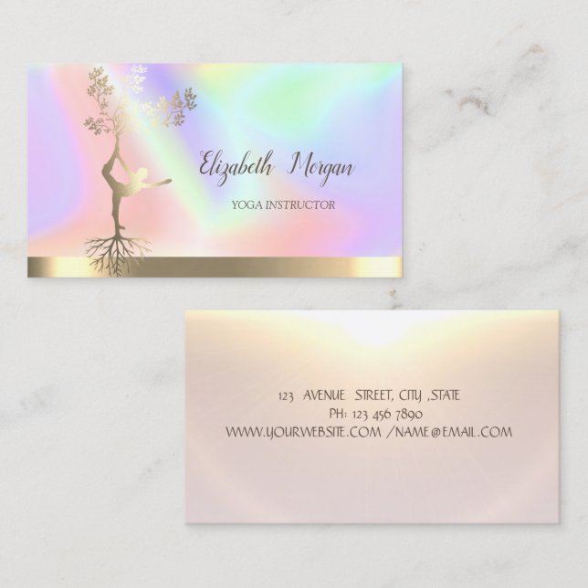 Shiny Gold Tree Women Silhouette Yoga Holographic Business Card (Front/Back)