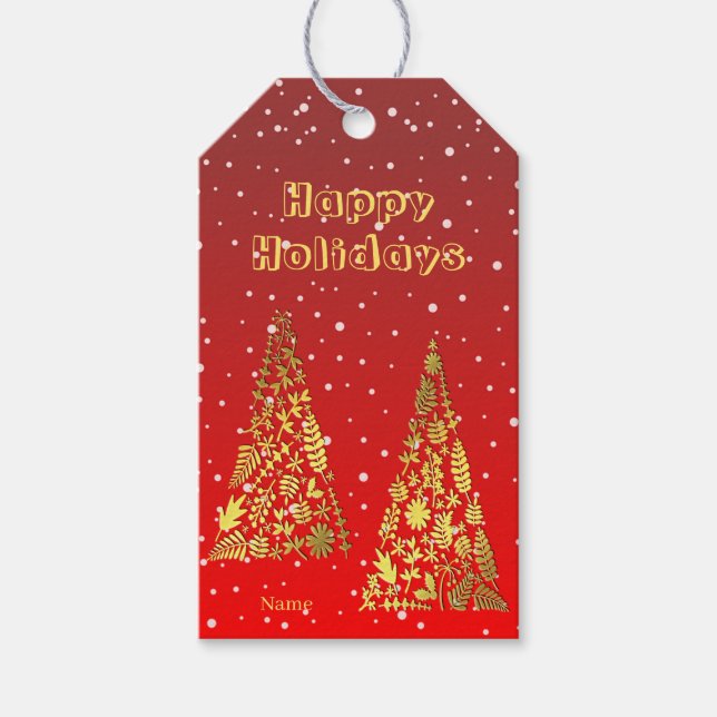 Shiny Golden Christmas Trees Holiday Gift Tag (Front)