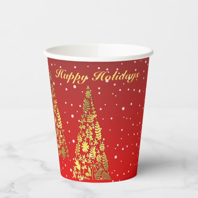 Shiny Golden Christmas Trees Holiday Paper Cups (Left)