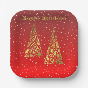 Shiny Golden Christmas Trees Holiday Paper Plate