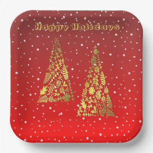 Shiny Golden Christmas Trees Holiday Paper Plate
