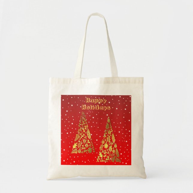Shiny Golden Christmas Trees Holiday Tote Bag (Front)