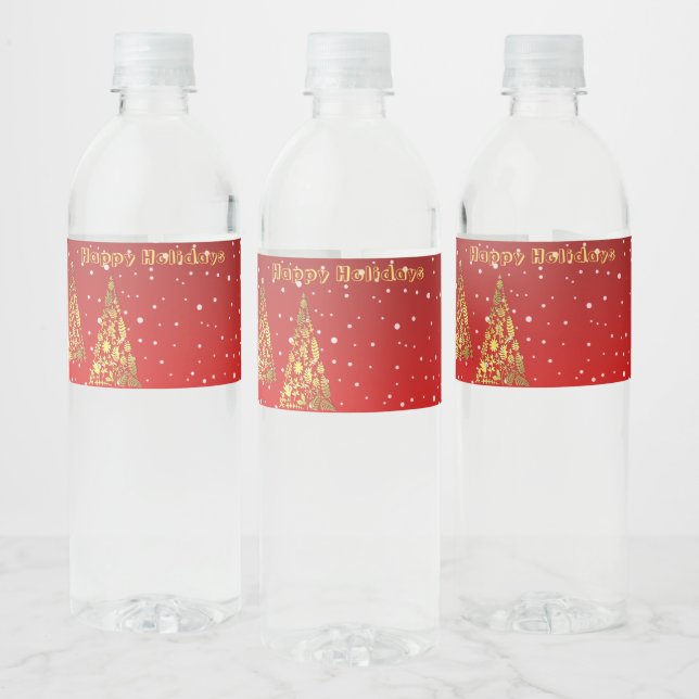 Shiny Golden Christmas Trees Holiday Water Bottle Label (Bottles)