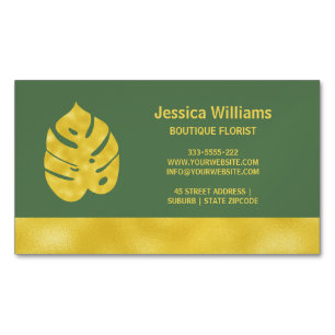 Shiny Golden Monstera leaves on dark green Magnetic Business Card