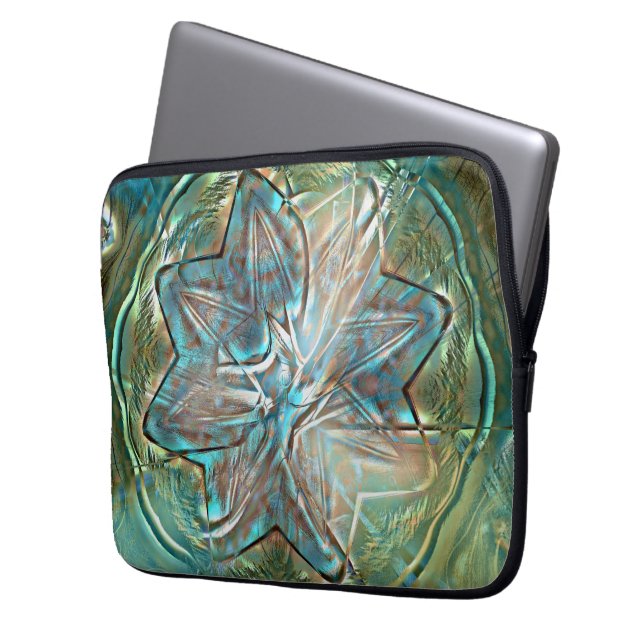 Shiny green & blue flower on pixel drizzle texture laptop sleeve (Front Left)